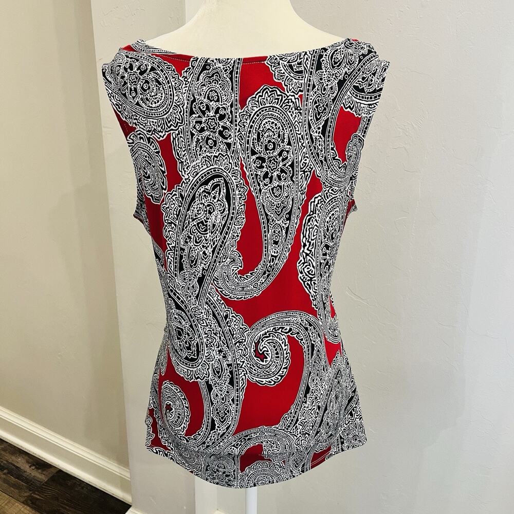 White House Black Market Knit Top Red Black Paisley Stretch Women’s L (A0131) - Picture 4 of 6
